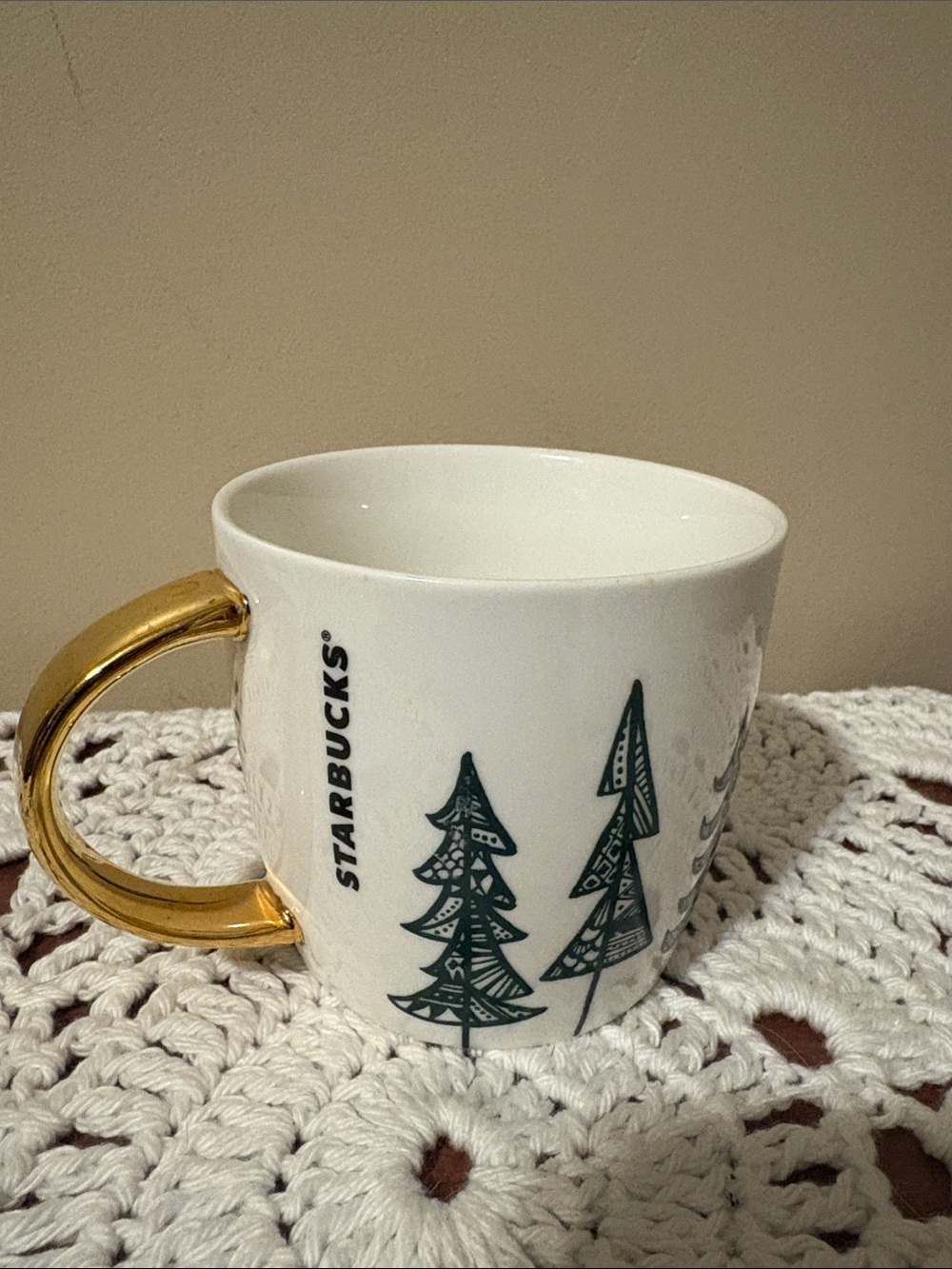 Starbucks White Mug with Green Tree Graphics and Gold Handle 2015